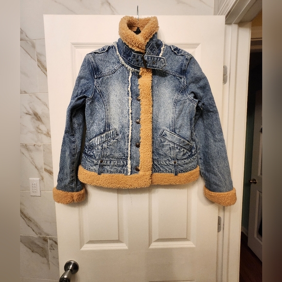 Free People Rylee Cozy Moto Sherpa Faux Fur Denim Jacket Womens - Picture 5 of 9